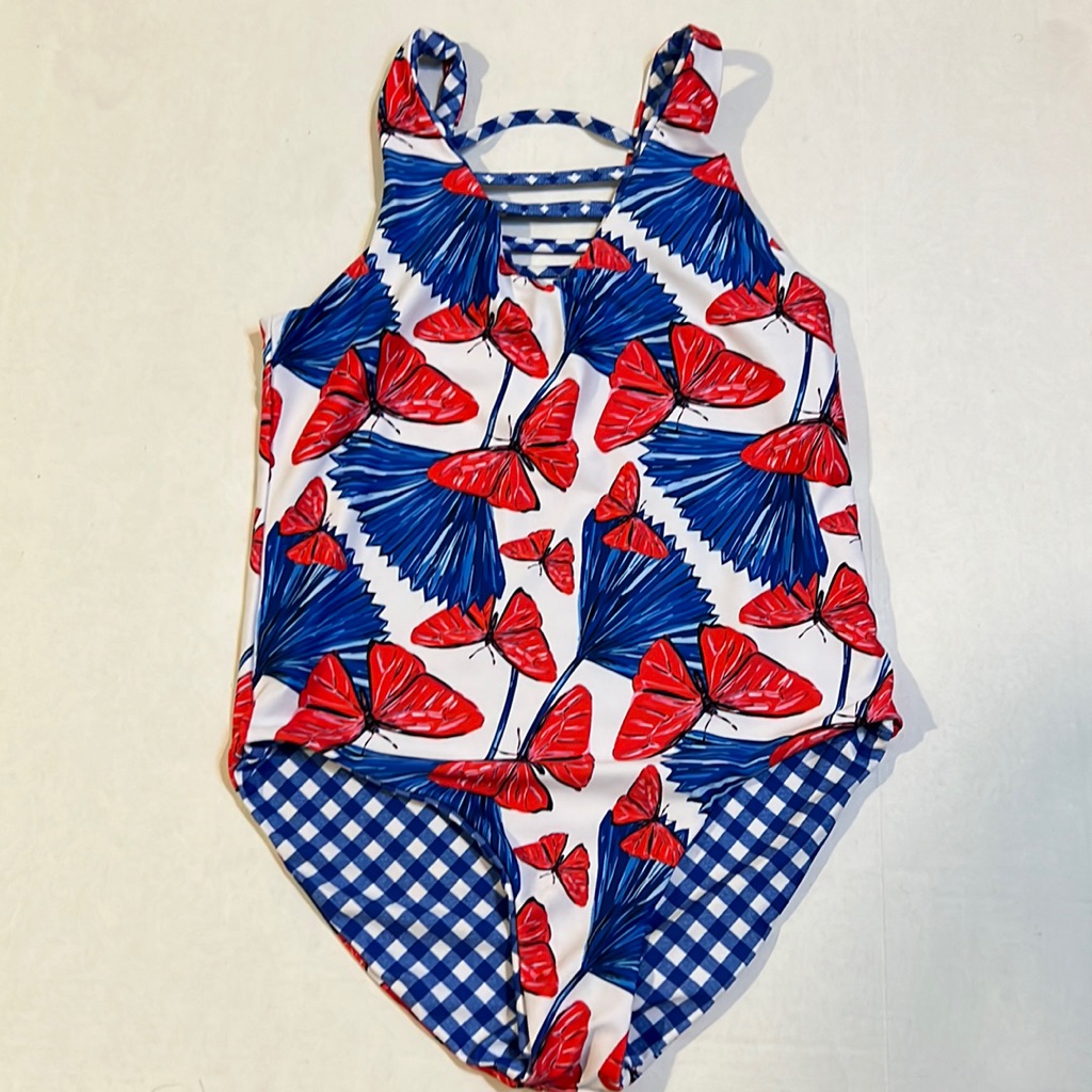 Swimwear One Piece Reversible Butterfly/Plaid In Red,White And Blue Swimsuit.